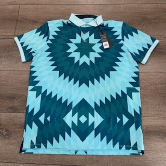 Greyson Geometric Print Golf Polo Shirt Men’s Large‎ Turquoise Green - Picture 2 of 15